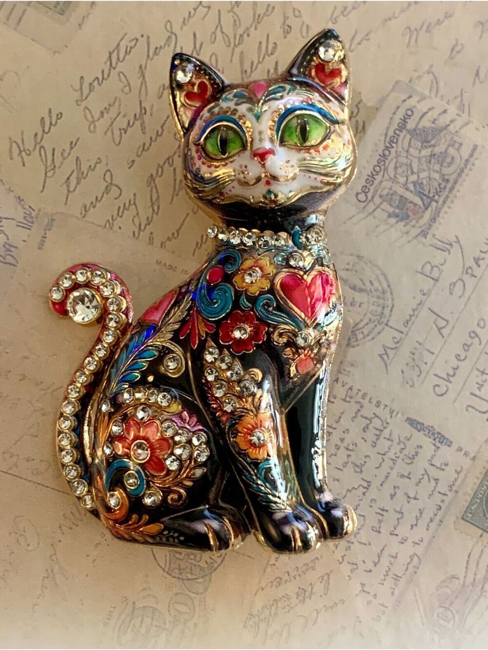 Vintage Enamel Floral Cat Rhinestone Figural Brooch